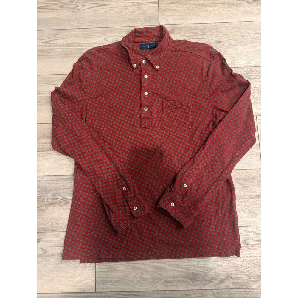 Ralph Lauren Mens Red Geometric Print Long Sleeve Pique Polo Button Down Shirt